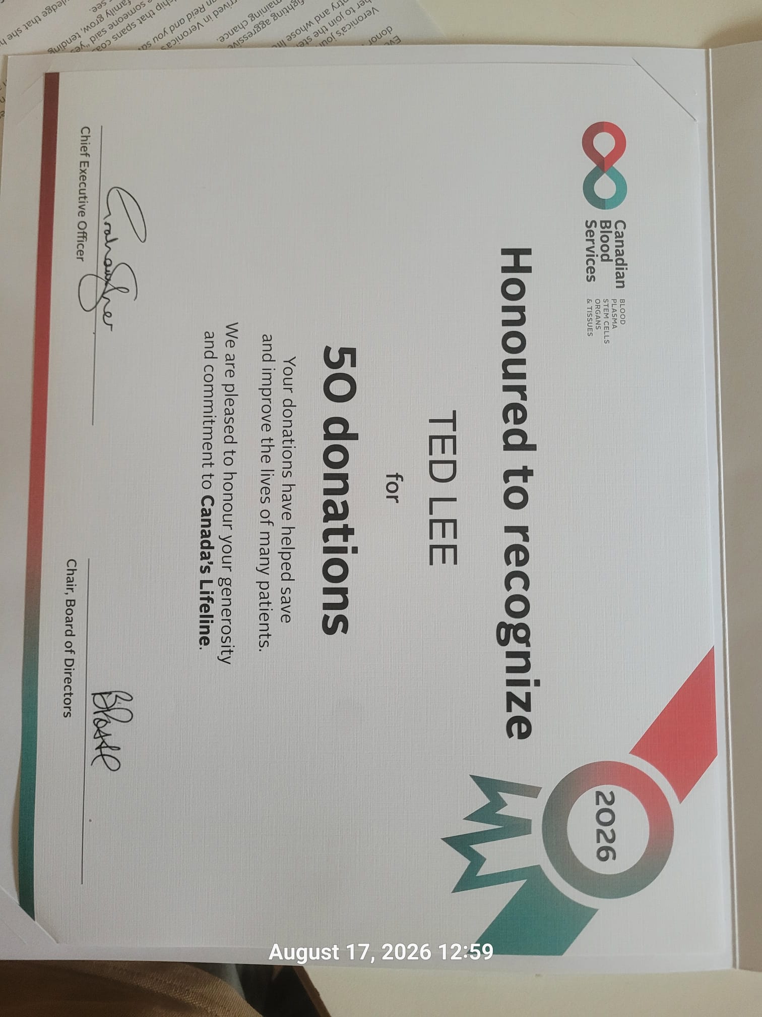 Canadian Blood Services certificate honouring Ted Lee for 50 donations in 2026
